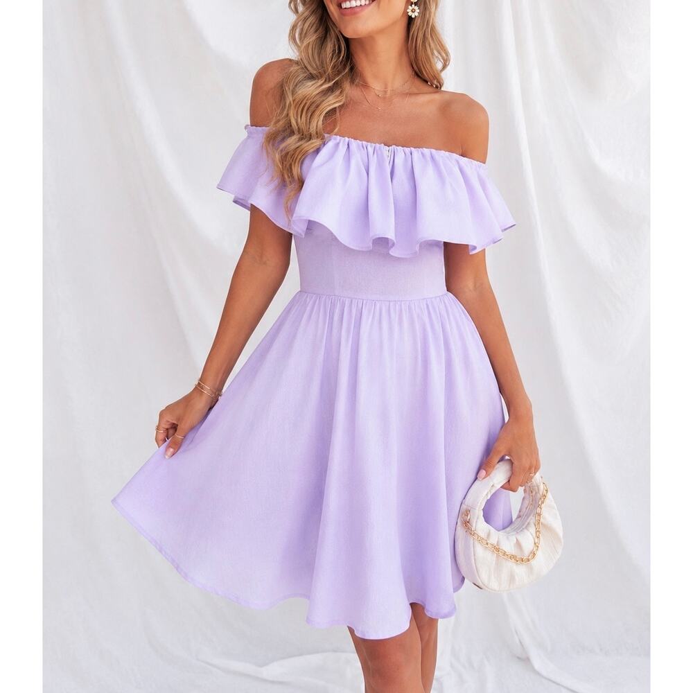 Altar’d State Lilac Off-The-Shoulder Ruffle Fit & Flare Dress Size Small